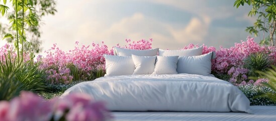 Serene bedroom scene featuring a white bed with plush pillows surrounded by vibrant pink flowers and lush greenery under a soft blue sky