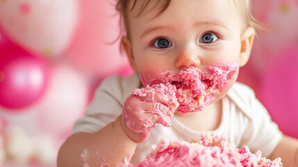 Adorable baby with messy face and pink frosting from birthday cake. Celebrating first birthday with chubby cheeks, big blue eyes, and joyful expression