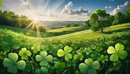 Lush green landscape with sunlight shining over clover fields and trees