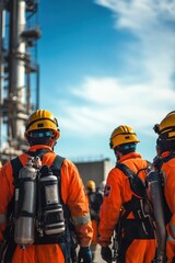 Fototapeta premium Workers in safety gear inspecting industrial plant against blue sky, highlighting teamwork and safety in construction and oil refinery environments.