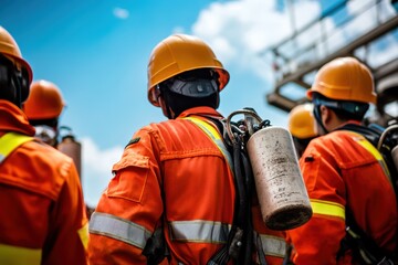 Fototapeta premium Workers in safety gear inspecting industrial site for maintenance and safety protocols. Team of professionals with helmets and oxygen tanks preparing for operation.