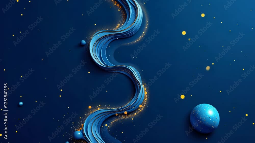 Poster a blue line with stars and a blue sphere. the line is curved and the sphere is round