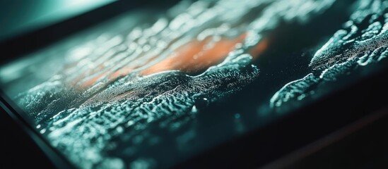 Close-up view of textured touchscreen with water droplets in dark tones emphasizing innovation in fingerprint technology for secure logins.