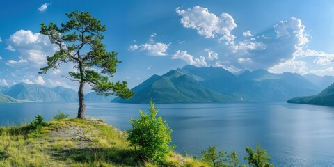tree on hill mountain cliff lake landscape view nature river big wide valley cloud sky blue water woodland top hiking to high