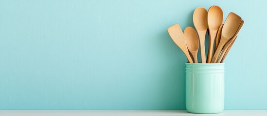 Wooden kitchen utensils in a light teal jar positioned on a white countertop against a soft pastel blue wall, creating a clean and inviting backdrop.