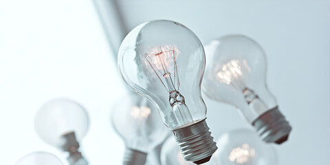 Illuminating Ideas: A cluster of glowing light bulbs, symbolizing innovation, creativity, and bright ideas. The focus is on one bulb in the foreground, with others softly blurred in the background.