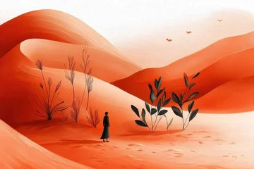 Foto op Aluminium Surreal minimalistic landscape illustration with desert and lone figure for creative design © cherreshnya