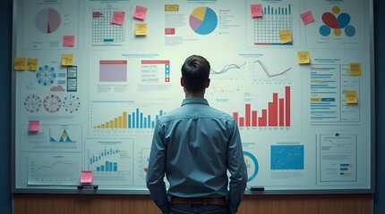 A man standing in front of a huge board with charts, graphs and sticky notes symbolizing the idea generation process