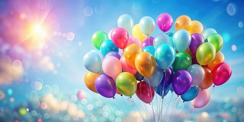 A jubilant cluster of colorful balloons ascends against a bright, bokeh-filled sky