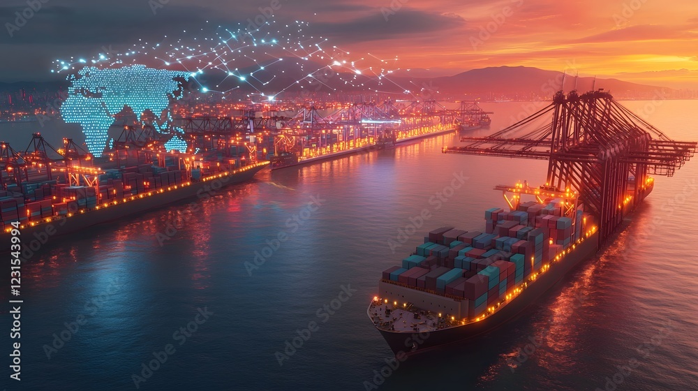 Poster Glowing Digital Network in the Shape of a World Map Overlays a Cybernetic Logistics Terminal with AI Powered Freight Management Surrounded by a Futuristic Metropolis Skyline Bathed in Neon Lights