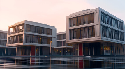 Fototapeta premium Modern Architecture at Dawn: Sleek, minimalist office buildings reflect in a wet pavement at sunrise, showcasing clean lines and a contemporary design aesthetic.