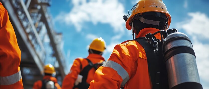 Construction workers in safety gear walking towards an industrial site under blue skies, focusing on teamwork, safety protocols, and equipment handling.