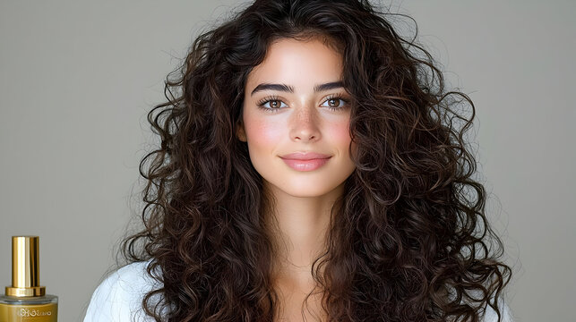 Woman with curly hair, studio shot, beauty product
