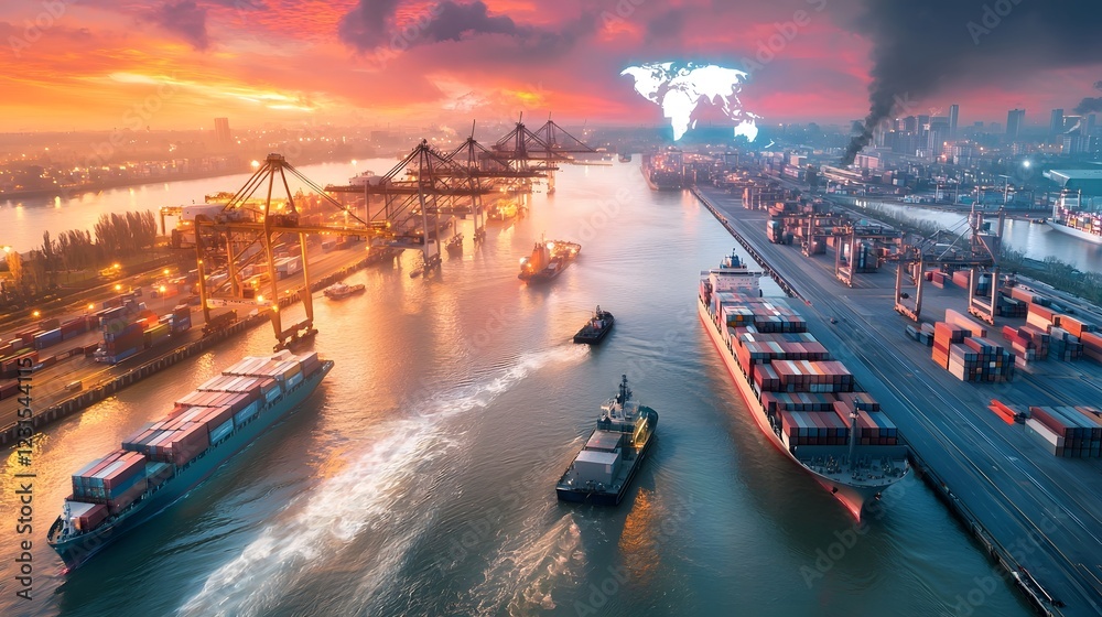 Poster aerial night view of a automated seaport with futuristic cargo handling technology self guided truck