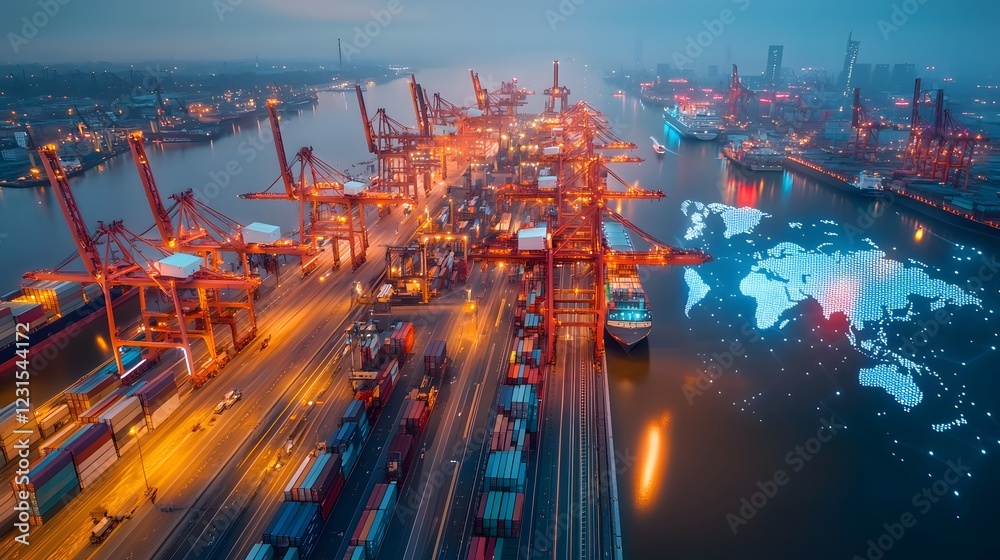 Poster Nighttime aerial perspective of a highly automated technologically advanced port facility with self guided cargo trucks intelligent crane a holographic network tracking global freight movement