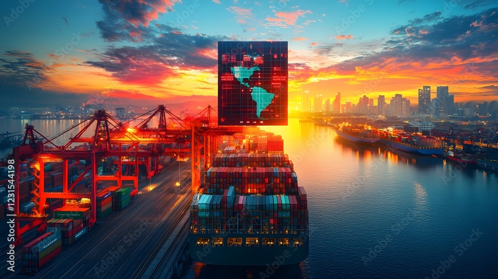 Poster Aerial night view of a highly advanced seaport with automated container handling self guided cargo trucks and a holographic global freight tracking network
