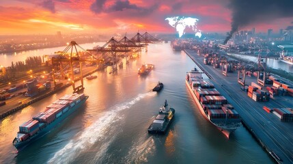 Aerial night view of a automated seaport with futuristic cargo handling technology self guided trucks