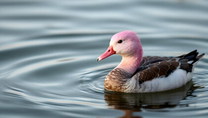 Fototapeta premium Pink-headed Duck on Serene Waters: A Captivating Wildlife Photography