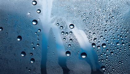 Droplets of water on blue surface, showcasing liquid textures and reflections