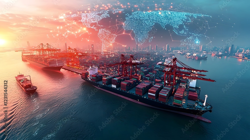 Aufkleber Innovative smart shipping yard with self operating cargo systems and AI controlled cranes  A glowing world map shaped logistics network hovers above illustrating real time data flow  Beyond the port