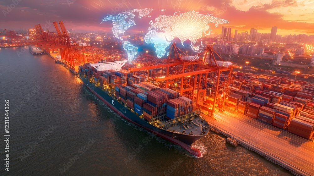 Poster Futuristic smart shipping yard with self operating cargo systems AI controlled cranes and a glowing world map shaped logistics network hovering above illustrating real time data flow  Beyond the port