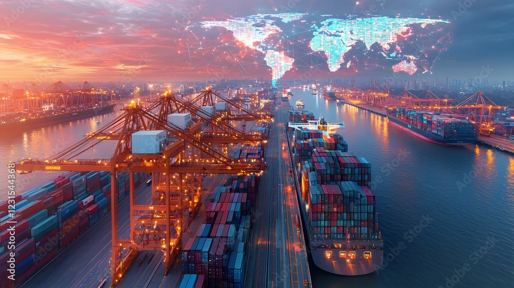 Fototapete Automated smart shipping yard with AI powered cargo handling systems and a glowing world map shaped logistics network hovering above  Beyond the port