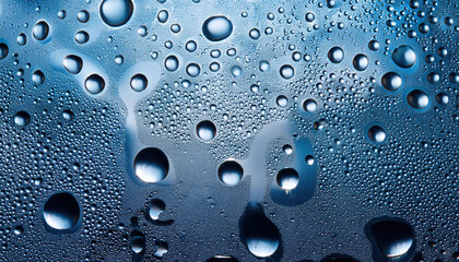 Water droplets on blue surface, showcasing liquid textures and reflections
