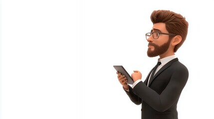 Thoughtful Cartoon Businessman Using Tablet Against White Background