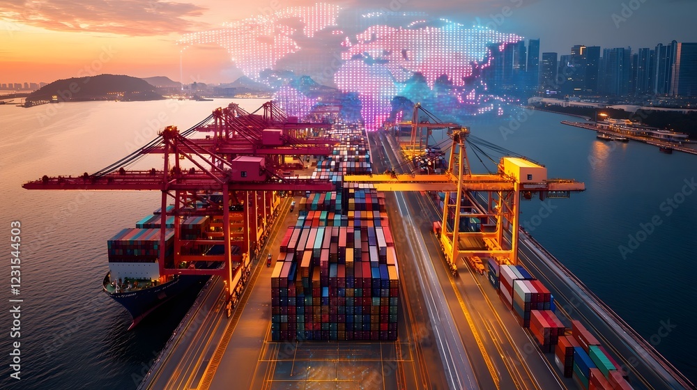 Fototapete A high tech cargo terminal with real time digital tracking smart cranes and self moving containers operating under a neon cyber network shaped like a world map