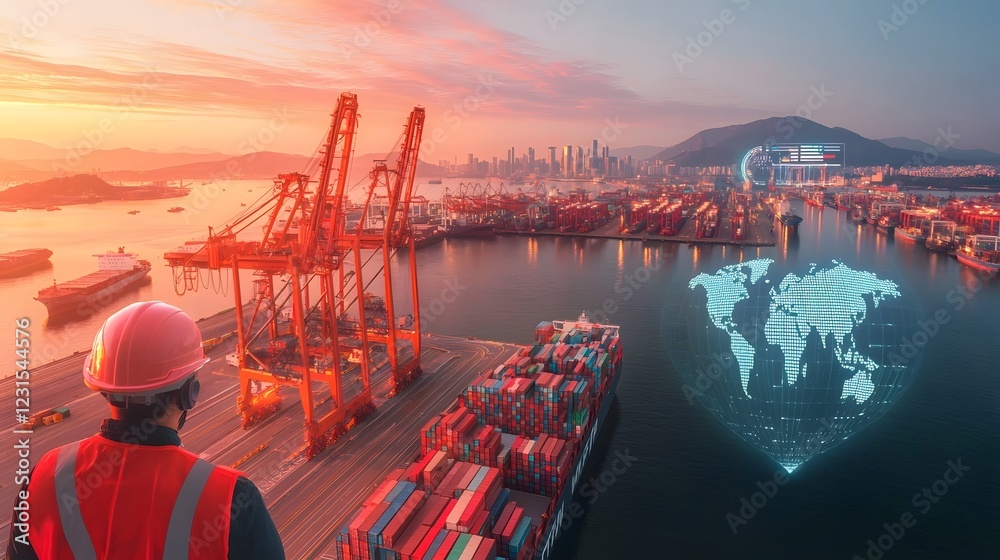 Fototapete Futuristic top down perspective of a highly automated shipping port where advanced robotics and coordinate global logistics  A holographic world map node network connects major trade hubs