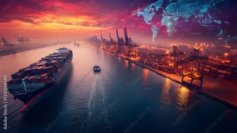 Fototapete Futuristic top down view of a shipping port where advanced robotics and coordinate logistics  A holographic world map node network connects global trade hubs  In the distance
