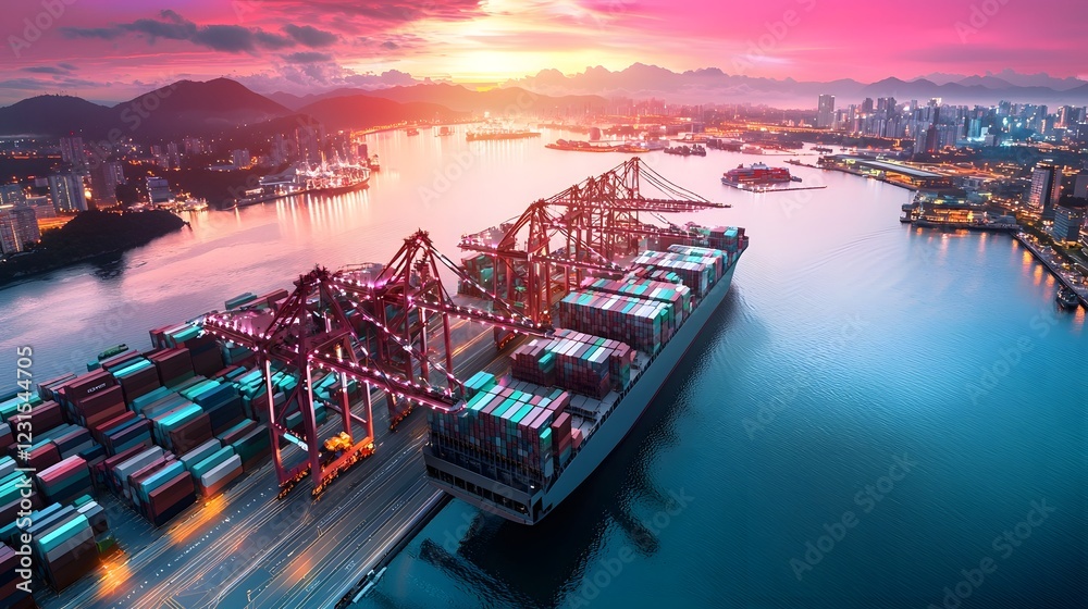 Aufkleber Expansive futuristic shipping port and logistics hub where an intricate digital network links all global freight centers