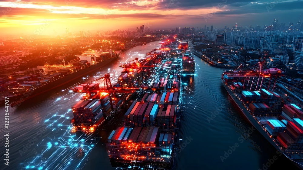 Poster Futuristic maritime trade hub with AI driven logistics and holographic network coordination  Self operating shipping systems seamlessly move freight across a glowing digital world map