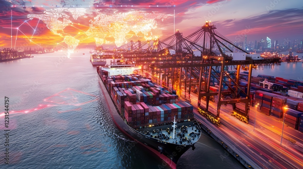 Poster Futuristic maritime trade hub with a holographic world map network coordinating self operating shipping systems and AI driven logistics management for seamless freight movement  In the distance