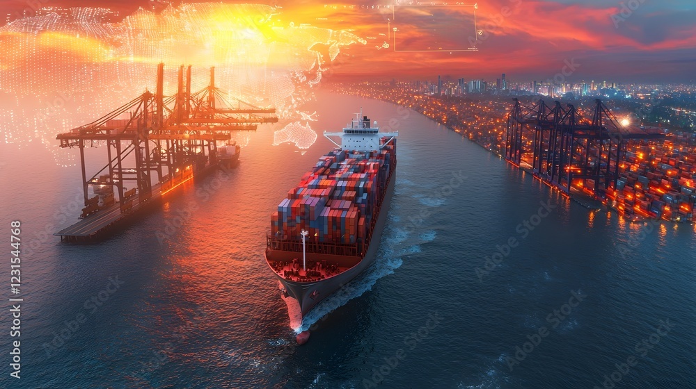 Poster futuristic maritime trade hub with autonomous shipping systems ai driven logistics management and a 