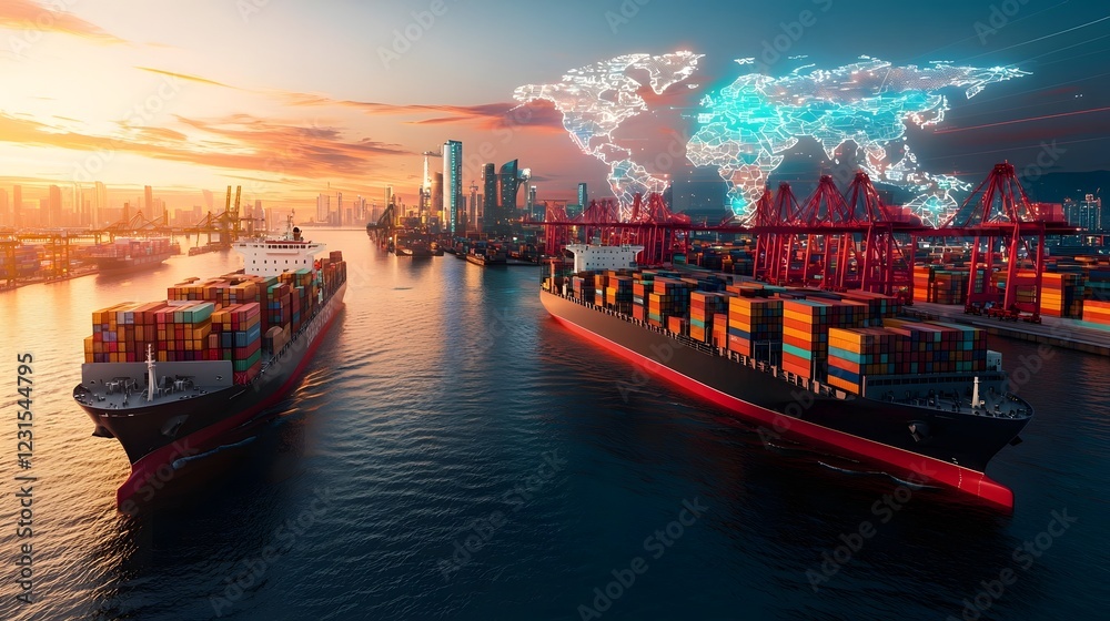 Poster Futuristic maritime trade hub with AI driven logistics and holographic network monitoring coordinating seamless freight movement across a global supply chain