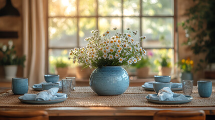 Beautifully set dining table with white daisies in a blue ceramic vase, inviting meal setting, home decor