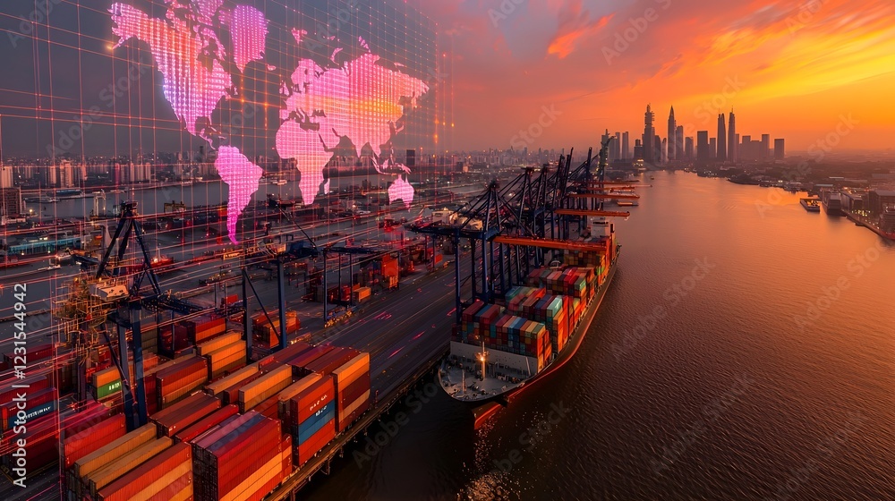Aufkleber Futuristic cargo terminal with synchronized robotic logistics systems  A pulsating world map shaped node network connects international shipping hubs  Beyond the harbor