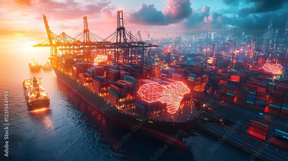 Poster Futuristic cargo terminal with synchronized robotic logistics systems  A pulsating world map shaped node network connects international shipping hubs  Beyond the harbor