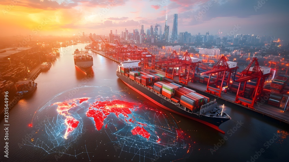 Fototapete futuristic cargo terminal with synchronized robotic logistics systems a pulsating world map shaped n