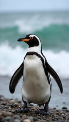 Fototapeta premium Magellanic Penguin on Rocky Beach Near Ocean Waves