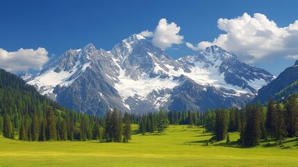 Obraz premium Majestic snow-capped mountains rise above a vibrant green alpine meadow under a blue sky