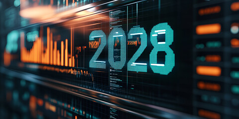 Digital 2028: A futuristic digital display showcases the year 2028, embedded within a complex array of data streams, charts, and graphs, hinting at technological advancement and future trends.