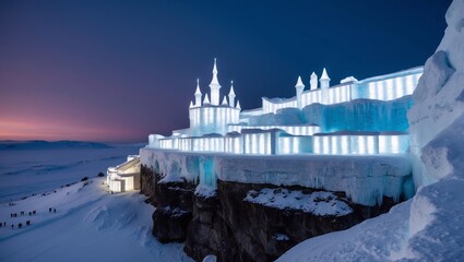 Stunning ice palace perched on a cliff showcases futuristic design elements, blending cold elegance with high-tech illumination amidst a wintery landscape.