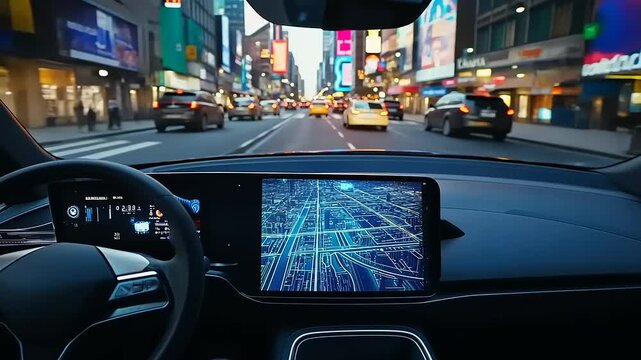 Cityscape view from a self-driving car navigating through busy Times Square at night