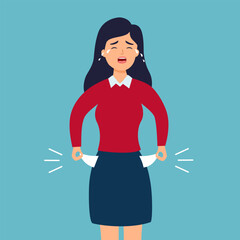 No money. Crying woman with pockets turned outward in flat design on white background.