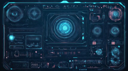 Futuristic control panel interface, glowing, dark background, data visualization, tech design