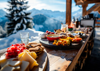 snack on an alpine restaurant in the mountains , winter and skiing