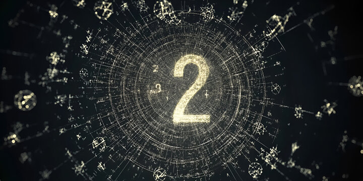 Mystical Number Two: A glowing, golden number two sits at the center of a complex, swirling mandala of ancient symbols, creating a captivating image of mystery and esoteric knowledge.