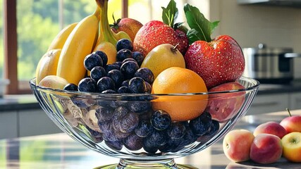 A glass bowl filled with a colorful assortment of fresh fruits including bananas, grapes, oranges, apples, and peaches sits on a kitchen counter, bathed in natural daylight.
